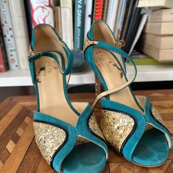 Kate Spade Turquoise and Gold Glitter Heels - Picture 3 of 6